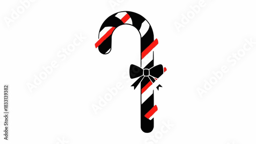 Stylized black and white candy cane with red ribbon accents.