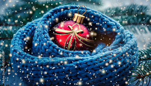 A red Christmas Ball rests in a blue knitted scarf as snow gently falls around it.
