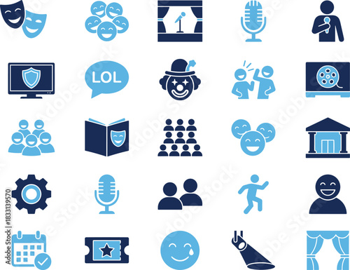 Entertainment icons, theater, comedy, media, performance, microphone, audience, spotlight, ticket, stage, LOL, clown, film, calendar, gear