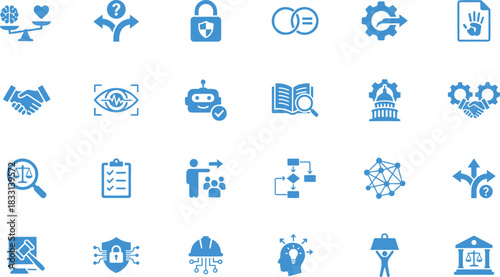 Ethics icons, AI governance, decision-making tools, technology symbols, security visuals, innovation graphics, legal elements, blue theme, digital responsibility, policy interface