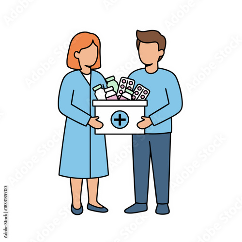 Two People Hold A Donation Box Filled With Medicine And Medical Supplies With A Cross Symbol Indicating Healthcare Support And Charitable Giving