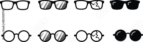 Eyeglasses icons, vision, glasses, frame, lens, damage, reflection, style, fashion, optical, cracked lens, black lens, eyesight
