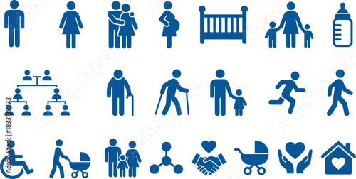 Family icons, relationship symbols vector, life stages graphics, caregiving elements, social connection visuals, parenting tools, blue tone design, human development illustration