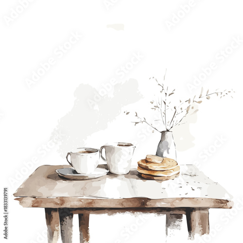 An Elegant breakfast table painting design collection, Hand-painted watercolor style, vectorized, vector set available in EPS, Simple design, EPS format set, watercolor painting