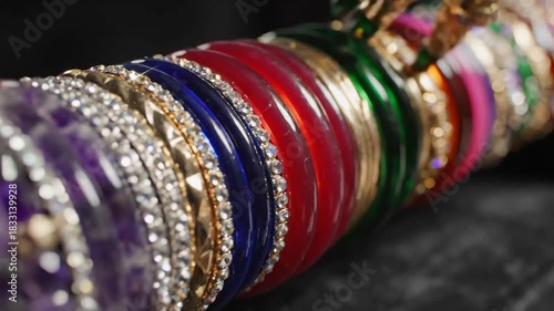 Close up of a colorful collection of bangles with intricate gold and diamond embellishments displayed on a dark surface with a shallow depth of field highlighting the detailed craftsmanship and