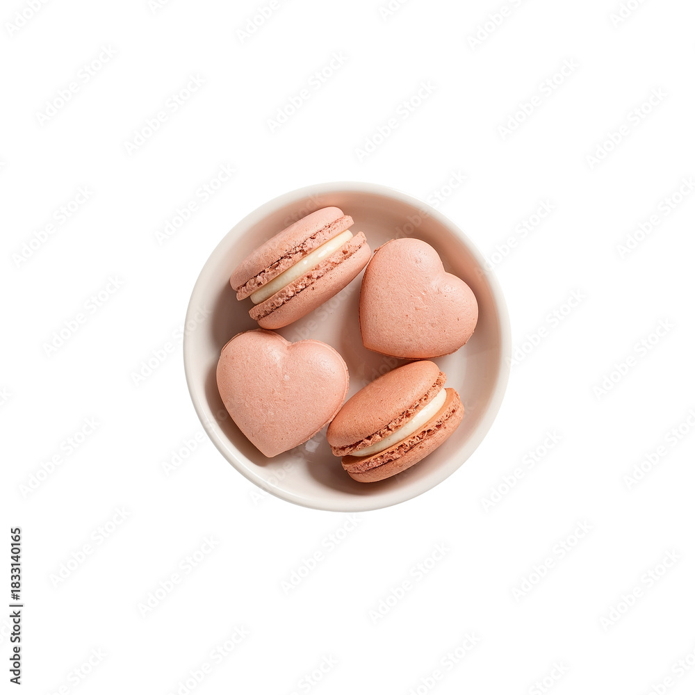 Fototapeta premium Heart-shaped macarons delight in pristine white bowl against solid ebony background
