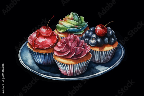Colorful Cream Cupcakes with Mixed Fruits on Plate Vector Illustration on Black isolated Background