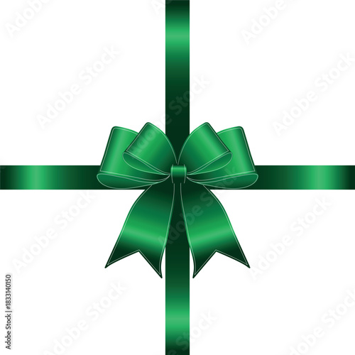 Vector decorative shiny gift element of dark green ribbon with tied bow isolated on white background