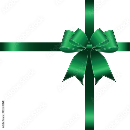 Vector decorative shiny gift element of dark green ribbon with tied bow isolated on white background