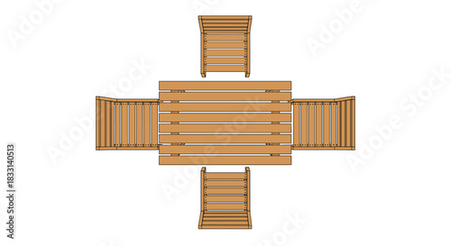 Top-down view of a sturdy wooden outdoor dining table surrounded by four matching chairs, perfect for garden, patio, or deck gatherings.