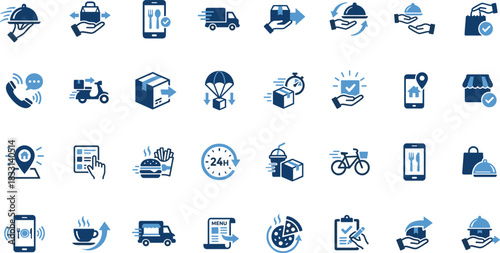 Food delivery icons, online order, app, burger, pizza, coffee, courier, location, payment, tray, bike, fast, service, meal