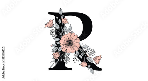 Elegant capital letter R adorned with intricate floral and leaf designs in soft pink and grey tones, perfect for decorative typography.