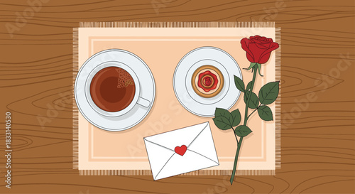 Romantic flat lay breakfast setup featuring a cup of coffee, a delicious pastry, a red rose, and a love letter on a wooden table.