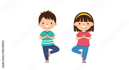 Adorable illustration of two smiling children, a boy and a girl, standing in a balanced tree pose, practicing yoga and promoting wellness.