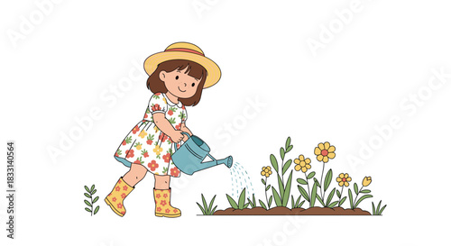 Cheerful little girl wearing a straw hat and a delightful floral dress, happily watering plants and flowers in a vibrant garden.