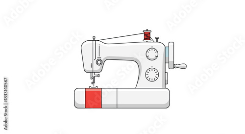 Contemporary white sewing machine with a red spool of thread, symbolizing creativity, craftsmanship, and the art of tailoring.