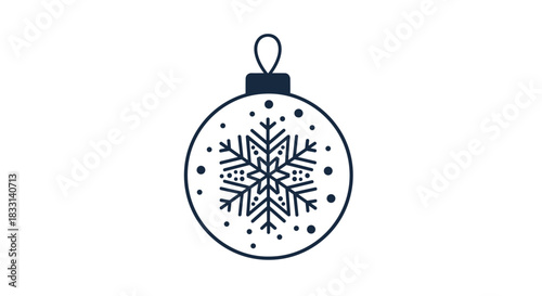 Minimalist black and white outline icon of a hanging Christmas ornament, adorned with a single snowflake, for simple holiday designs.