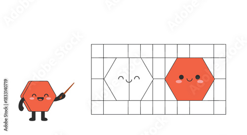 Engaging educational illustration demonstrating how to draw a friendly hexagon character using a grid, for teaching geometry and art skills.