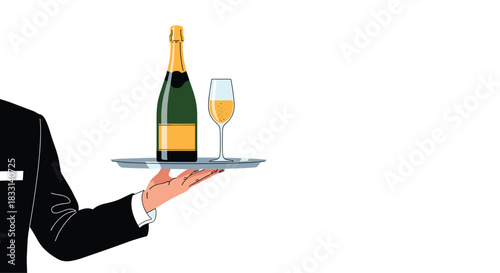 Professional illustration of a person's arm in a black suit holding a tray with a chilled champagne bottle and a sparkling flute.