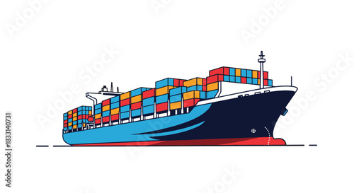 Massive cargo ship navigating the open waters, laden with numerous vibrant, multi-colored shipping containers, for global trade.