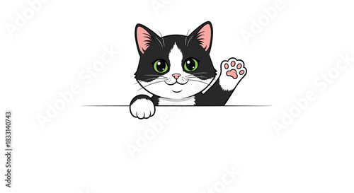 Adorable black and white cat peeking playfully over a horizontal line with bright green eyes, cheerfully waving its paw.