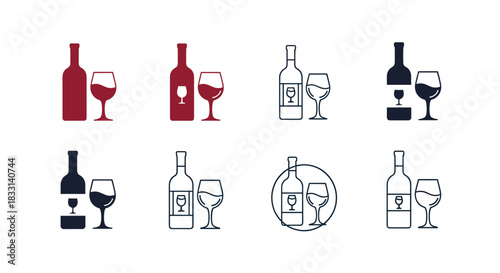 Comprehensive set of eight diverse wine bottle and wine glass icons, presented in various styles from solid to outline.