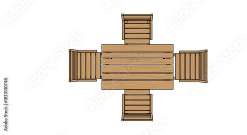 Top-down view of a sturdy wooden outdoor dining table surrounded by four matching chairs, perfect for garden, patio, or deck gatherings.