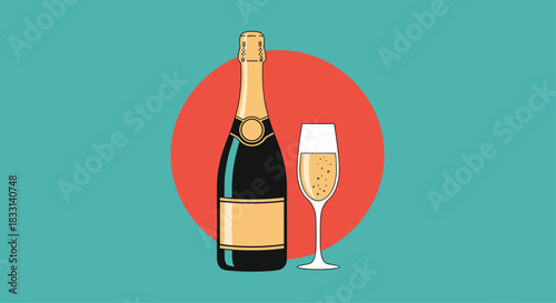 Festive illustration of a champagne bottle and a flute glass filled with bubbles, set against a vibrant teal background with a bold red circle.