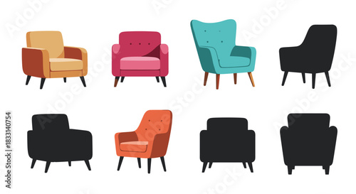 Diverse collection of eight distinct armchair styles, showcasing both colorful illustrations and corresponding silhouettes.