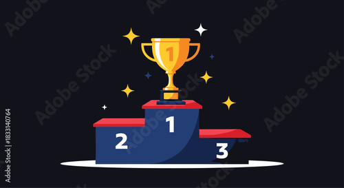 Radiant golden trophy resting proudly on a three-tiered winner's podium with numbers 1, 2, and 3, surrounded by sparkling stars.