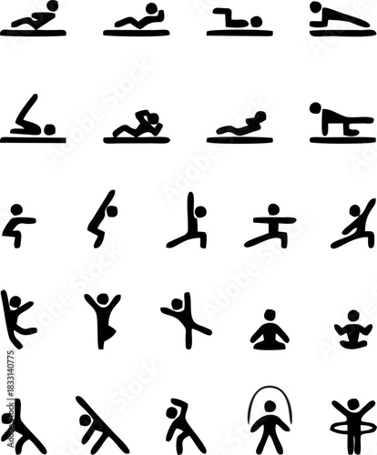 Sport people icons gym lifting warmup stretch symbols fitness poses pictograms sports exercises athl