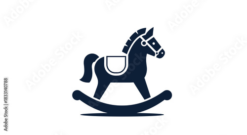 Dark silhouette icon of a classic wooden rocking horse, representing childhood, play, and vintage toys on a clean white background.