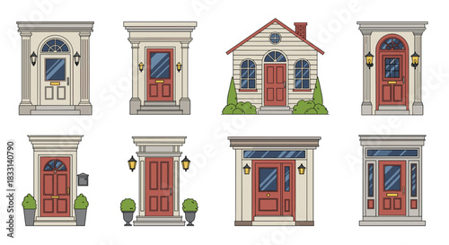 Diverse collection of eight distinct house facades, each showcasing unique front doors and welcoming entrances, for architectural themes.