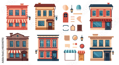 Extensive collection of diverse shop facades and modular architectural elements, allowing for creative construction of custom storefronts.