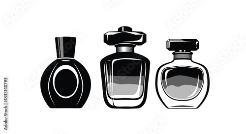 Trio of elegant perfume bottles with distinct shapes, rendered in grayscale, featuring a clean white background for minimalist aesthetic and design.