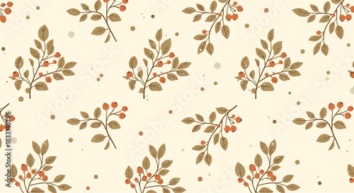 Elegant seamless pattern featuring delicate autumn branches adorned with leaves and small red berries, against a neutral background.