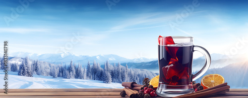 , A glass of mulled wine with star anise, cinnamon sticks and an orange slice on a rustic wooden table, a cozy winter drink
