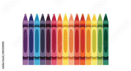Bright row of colorful crayons arranged in a perfect rainbow spectrum, ideal for art, creativity, and children's education themes.