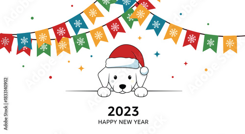 Adorable white dog in a festive Santa hat peeking over a surface, surrounded by colorful Christmas bunting and "2023 Happy New Year" text.