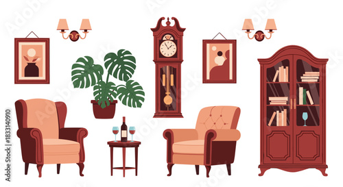 Exquisite collection of vintage living room furniture and classic decor, including armchairs, a grandfather clock, and a curio cabinet, evoking timeless elegance.