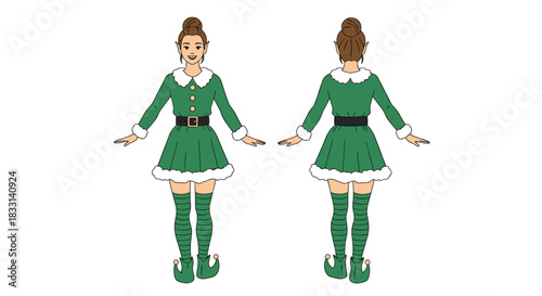 Happy Christmas elf woman character in a festive green dress with white fur trim and striped socks, standing front and back view on white.