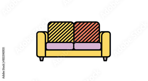 Vibrant cartoon-style two-seater sofa featuring colorful striped cushions and a playful purple base, perfect for modern and cheerful interior designs.