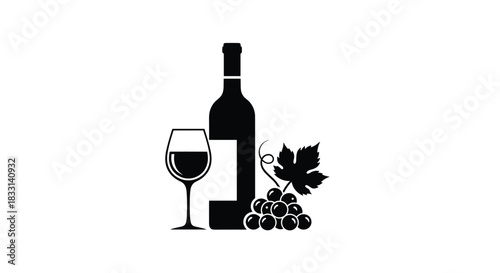 Elegant silhouette illustration featuring a full wine bottle, a filled wine glass, and a fresh bunch of grapes with a vine leaf.