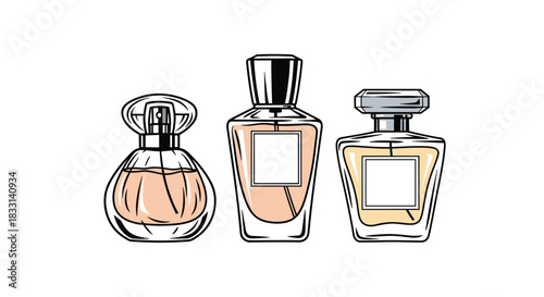 Trio of elegant perfume bottles with distinct shapes and colored liquid, featuring blank labels for custom branding or text display.