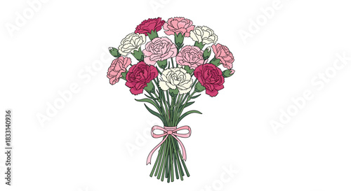 Elegant bouquet of vibrant pink, red, and white carnation flowers, beautifully tied with a delicate pink ribbon, perfect for celebrations.