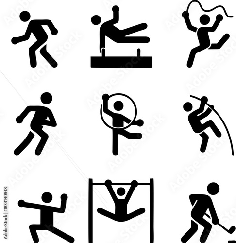 Sport people icons gym lifting warmup stretch symbols fitness poses pictograms sports exercises athl