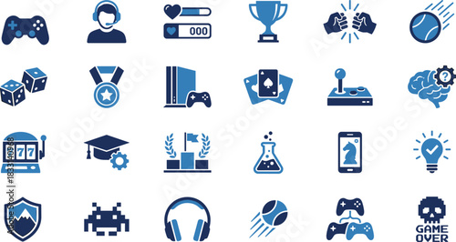 Gaming icons, creative symbols, educational graphics, science elements, digital entertainment, brain activity, tech visuals, blue theme, interactive tools, game design, learning interface
