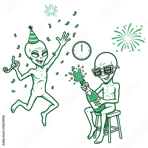 Green Line Art Aliens Celebrating Happy New Year with Champagne and Fireworks