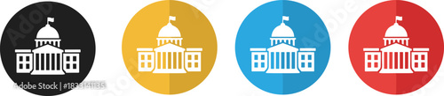 Government building icons, capitol dome vector, institutional architecture symbols, flag on dome illustration, civic structure graphics, colored background set