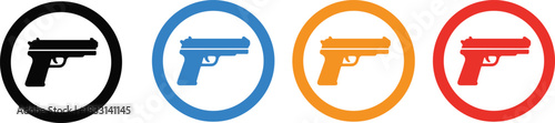 Handgun icons, firearm silhouette vector, weapon symbol set, safety graphic design, colored circular elements, gun illustration, tactical concept
